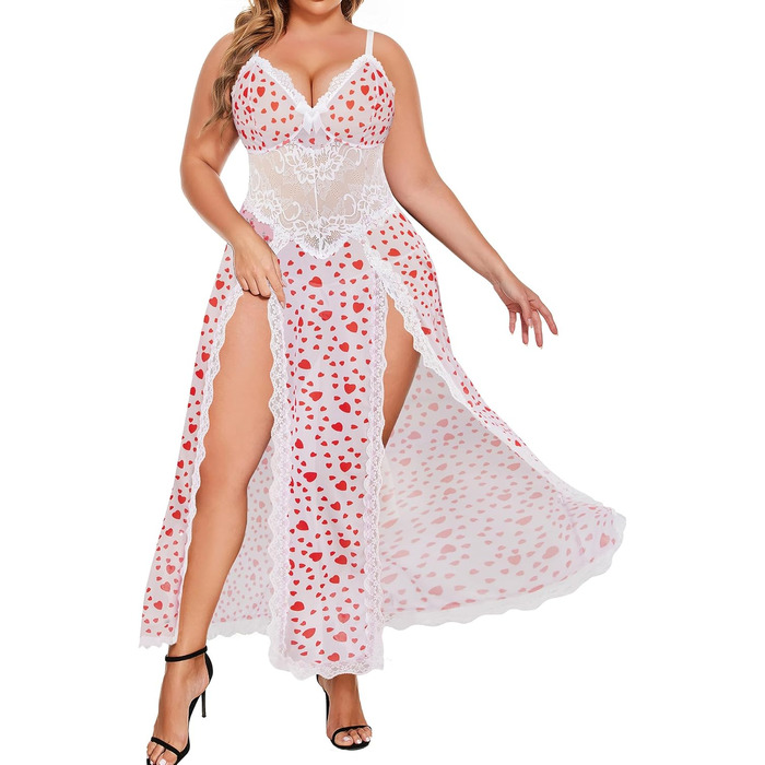 Babydoll для жінок Alrovetoney: мереживна піжама-сорочка з розрізами, біле серце, XL