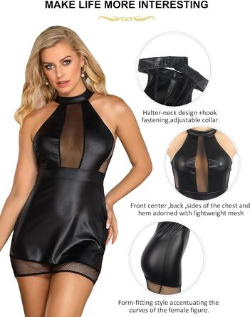 Сукня з еластичної шкіри (штучної) для жінок, міні, на зав'язках, великі розміри, бодікон, для клубу, чорна, L