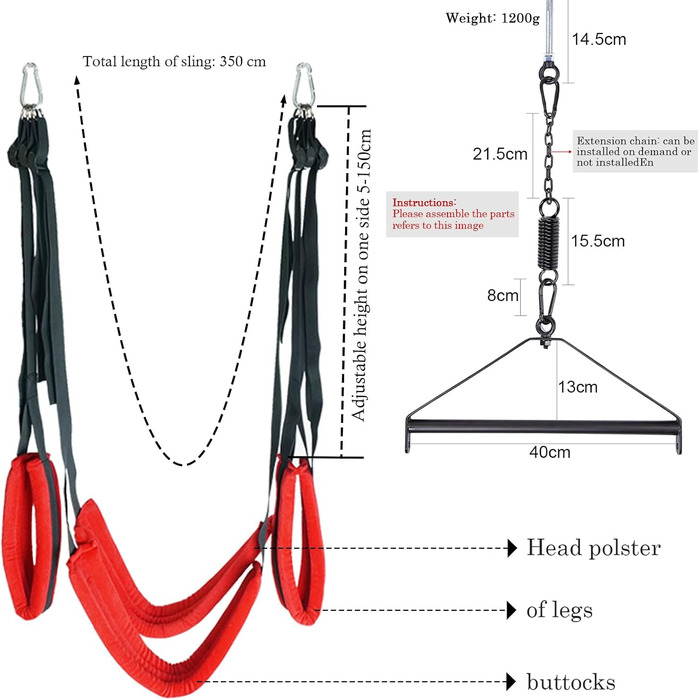 Любовне крісло-гойдалка BDSM Deluxe для дорослих, червоне: комплект з кріпленням до стелі, 4 широкі подушки, 3 пенісні кільця, батог, витримує до 150 кг