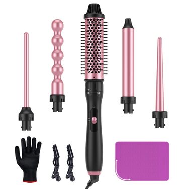 Набір для завивки волосся 5-в-1 LANDOT: термощітка для об'єму (38мм) та 4 бігуді (9-32мм) для створення локонів, стайлер для щоденного використання