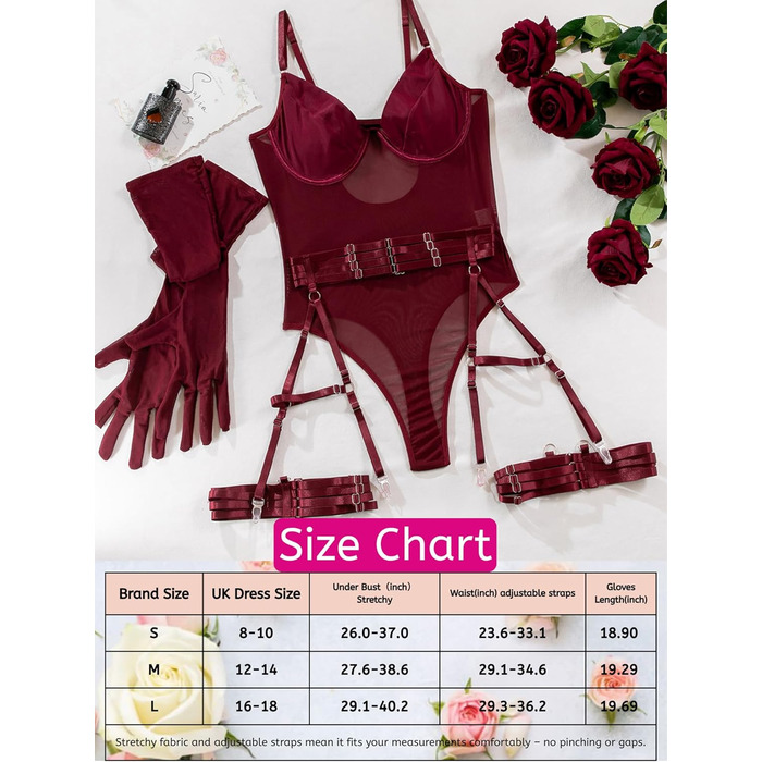EVELIFE Комплект сексуальної білизни для жінок: мереживний боді, стринги та мереживні рукавички (бордовий, 36)
