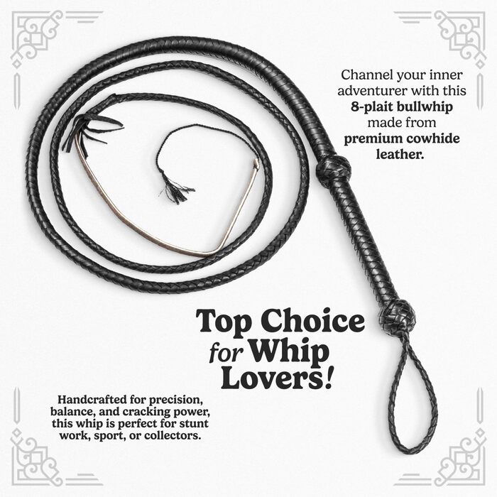 Бич у стилі Індіани Джонса, справжня шкіра, чорний, 0,9 м, 1,2 м, 1,8 м та 2,4 м – для кінного спорту