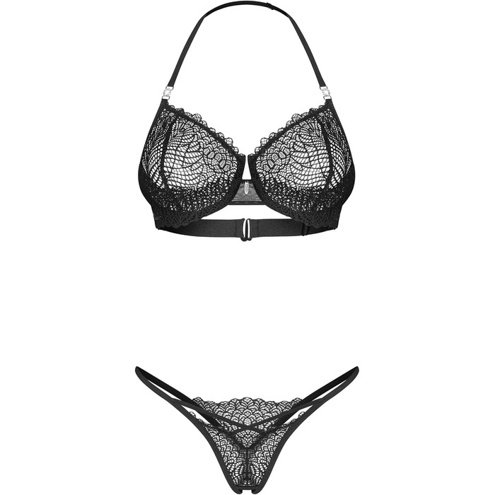 Сексуальний жіночий комплект білизни Selente Love & Fun (4-5 частин): бюстгальтер, корсетний пояс, мереживні панчохи, танга, маска для очей з атласу. Розміри XXL-3XL, чорний з квітковою мережею, бюстгальтер на зав'язках, Made in EU