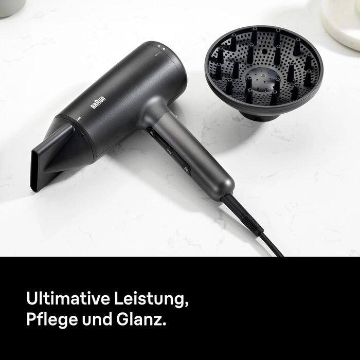 Фен для волосся Braun Haartrockner HD4.2 з дифузором та насадкою для стайлінгу, технологія Super IONTEC, 2100 Вт, 3 температури та 3 швидкості, чорно-сірий, BRHD425E