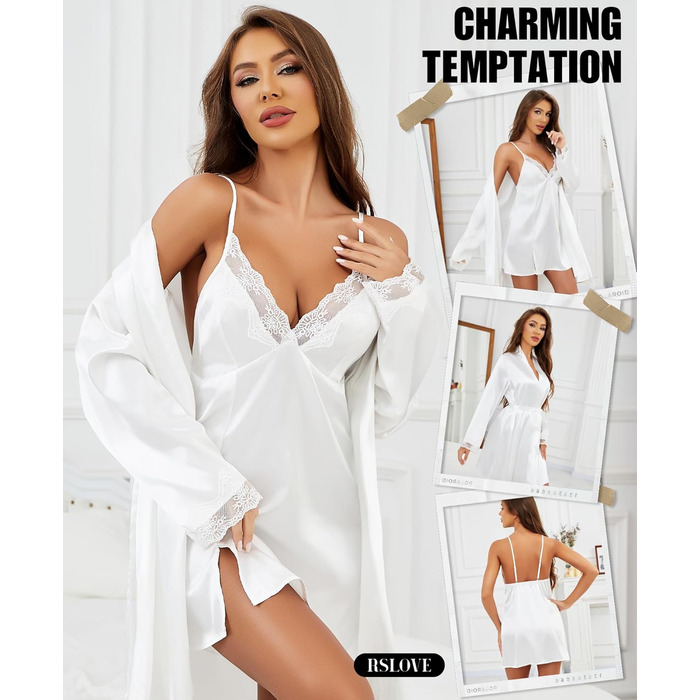 RSLOVE Комплект ніжної сукні та пеньюару з мереживом Daen Satin - сексуальний комплект спідньої білизни (M, білий)