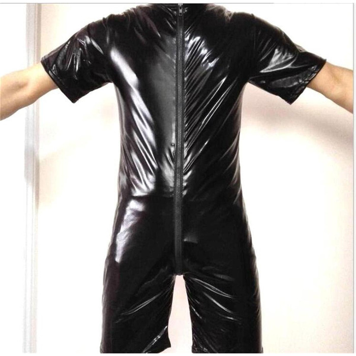 Комбінезон латексний чоловічий, чорний, з блиском, напіврукав, на блискавці, catsuit, Wetlook, для клубу