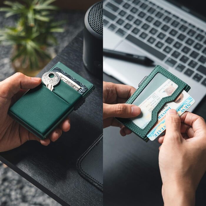 Чоловічий металевий гаманець VULKIT з Pop-Up механізмом, RFID-захистом, відділеннями EDC та вікном для ID-картки, колір нічний зелений