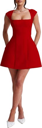 Жіноче міні-плаття LuFeng з квадратним вирізом, рукавами-крилами, повною підкладкою, блискавкою, силуетом А, для вечірок та клубів, сучасне, червоне/подорож, однотонне (Getaway Solids)