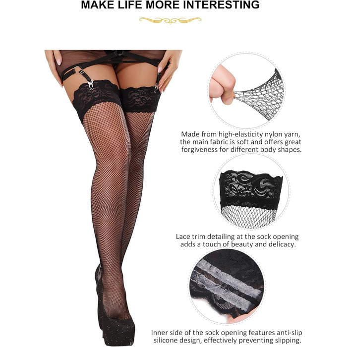 Чорні мереживні панчохи з широким поясом та шорстками на плечах, розмір XS-S