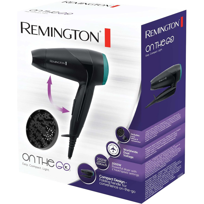 Дорожній фен Remington On The Go D1500 білий: складаний, 2000 Вт, з дифузором та вузьким соплом, двовольтажний (120/240V)