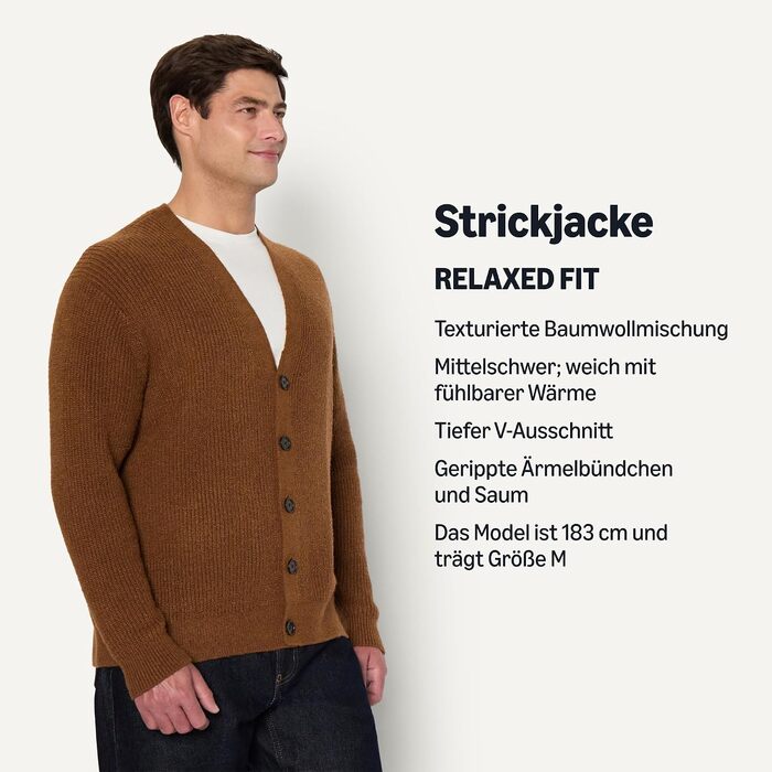 Чоловічий в'язаний кардиган Amazon Essentials вільного крою (Relaxed Fit), суміш бавовни, колір карамельний верес, розмір L