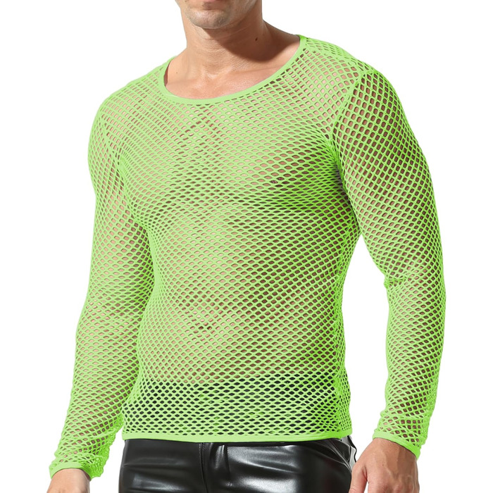 Чоловіча сітчаста футболка QiaTi з довгим рукавом, прозора, мереживна, зелена