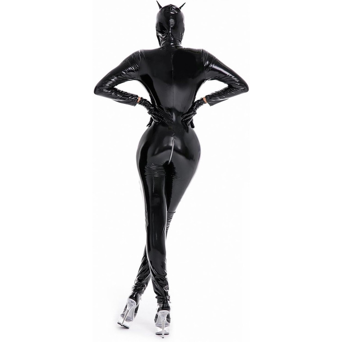 Комбінезон жіночий латексний блискучий з довгими рукавами, на блискавку, catsuit, Wetlook, з рукавичками, маскою, шкарпетками (M, Чорний)
