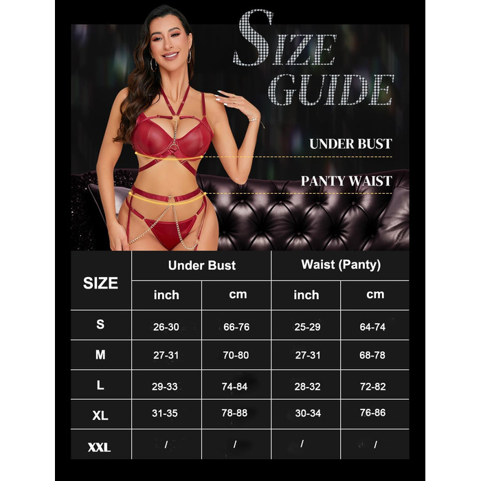 Сексуальний комплект нижньої білизни з бретельками для жінок, 7 частин: бюстгальтер з кісточками, трусики, панчохи, гетри, нагольник, ласий ланцюжок, червоний колір