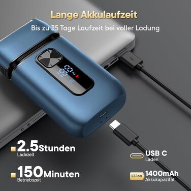 Електрична бритва для чоловіків Brightup з висувним тримером, USB-C швидка зарядка, 150 хв роботи, водонепроникна для вологого та сухого гоління, синя