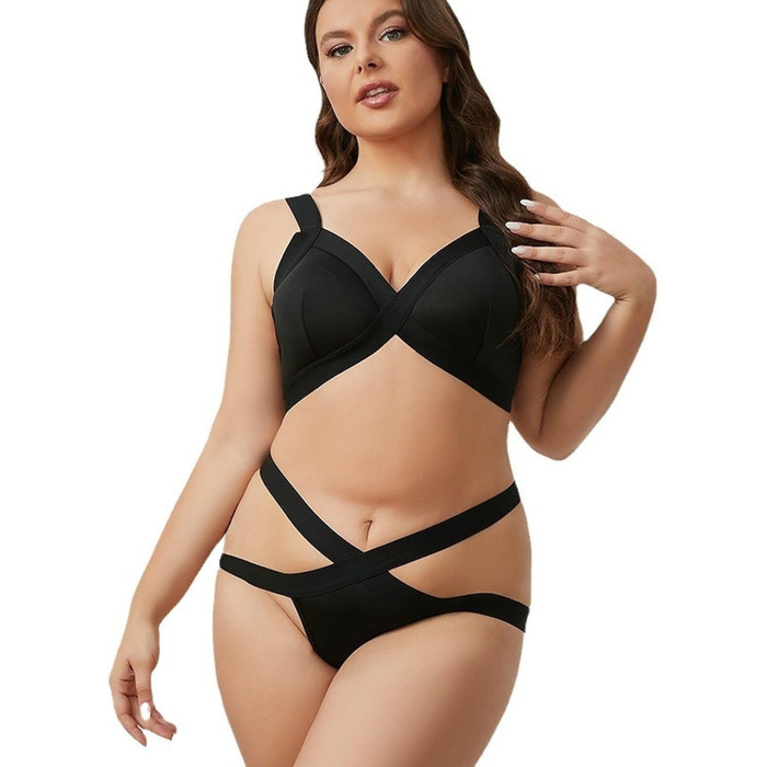 Сексуальна спідня білизна для жінок – модний двочастинний комплект з бюстгальтером великих розмірів, однотонний, з регульованими бретелями, елегантний, двошаровий, перехресний G-String бікіні-сет чорний XXL