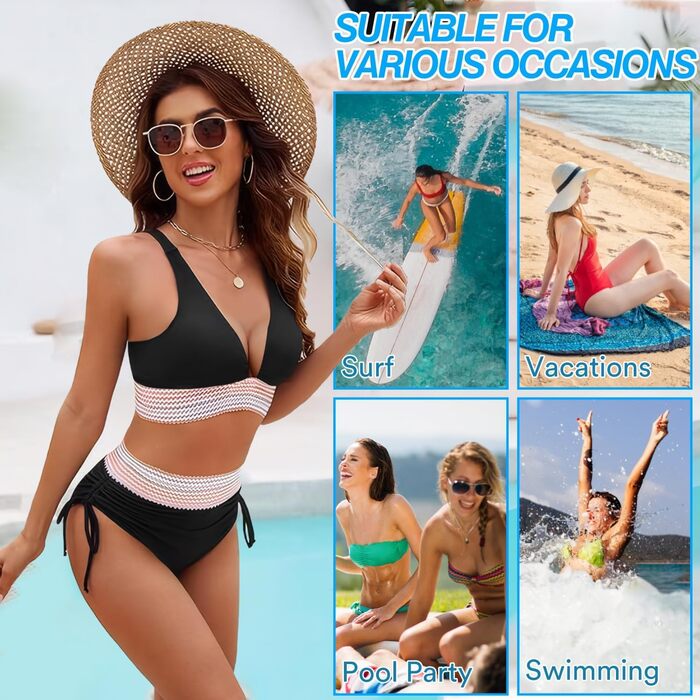 Бікіні з високою талією для жінок, комплект Push Up, контроль живота, регульовані бретелі, 2 шт., для пляжу, басейну, спа, чорний