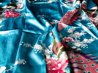 Халат жіночий CCcollections з сатину з принтом павича, V-подібний виріз, 3/4 рукав, універсальний розмір, блакитно-бірюзовий