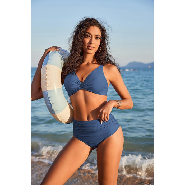 Бікіні Ekouaer для жінок: комплект з високою талією, push-up, двокомпонентний купальник (темно-синій, L)