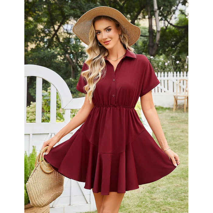 Сукня Beluring Bluenkleid жіноча літня коротка з V-подібним вирізом, червона (S) з кишенями та ґудзиками