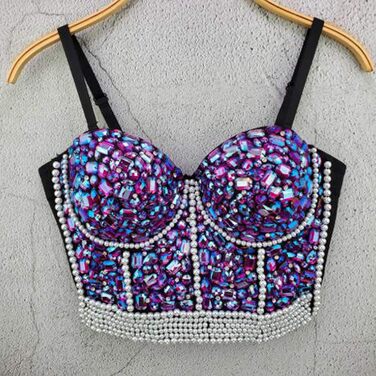 Жіночий бюстгальтер-корсет Push Up з детальним оздобленням стразами та діамантами, готичний стиль, знімні бретелі, для вечірок, Cubwear (XS, Синій)