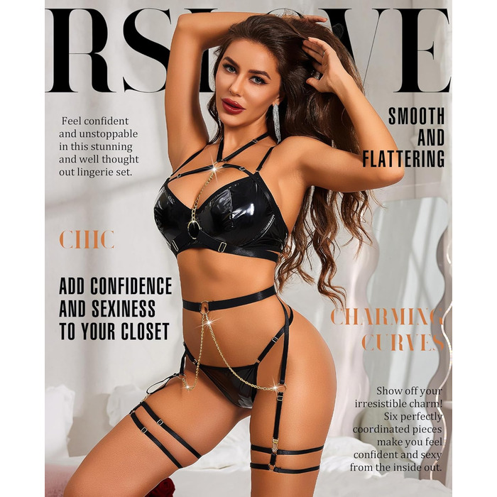 Комплект жіночої білизни RLOVE: бюстгальтер, труси та інше (6 предметів) - чорний (XXL, блискучий чорний)