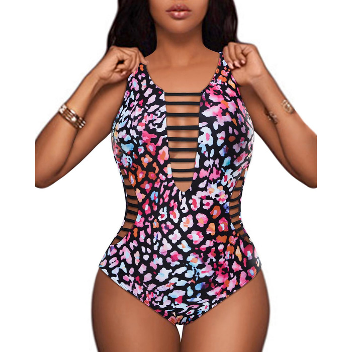 Світшотний купальник Aqua Eve для жінок з глибоким V-подібним вирізом та вирізами, неонове леопардове забарвлення (XL)