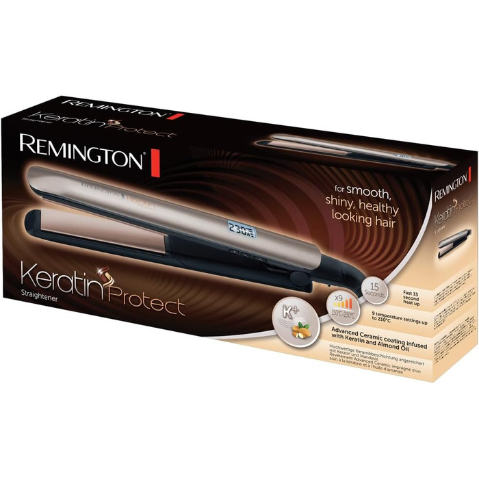 Випрямляч для волосся Remington S8540 з керамічним покриттям, кератином та мигдальною олією, LCD-дисплей, 10 рівнів температури (150-230°C), чорний