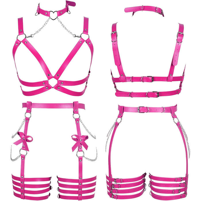 Жіночий шкіряний боді з ланцюжком BANSSGOTH: комплект стрінги з бантиком для танців та свят (Рожевий)