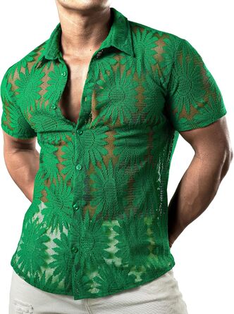 Чоловіча сорочка JOGA з мереживом, короткий рукав, літня, зелена (XL)
