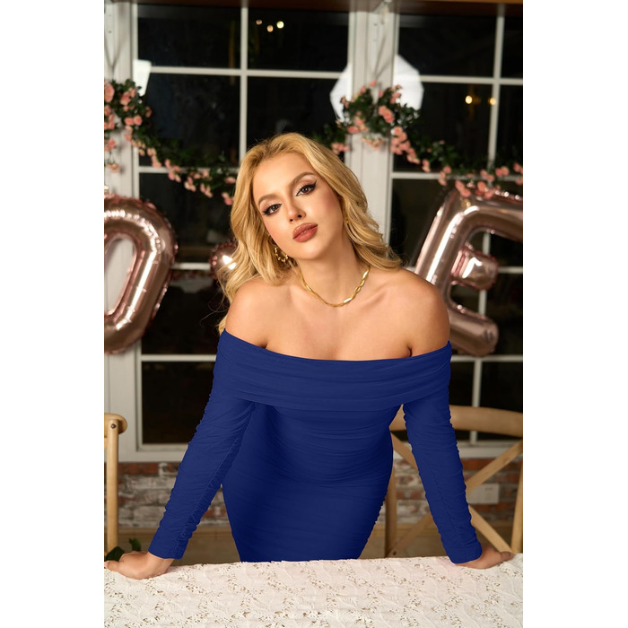 Жіноче міні-плаття GOKATOAU з довгим рукавом, відкритими плечима та фігуропідкреслюючим кроєм, з вирізом на спині, чорне (M, Королівський синій)