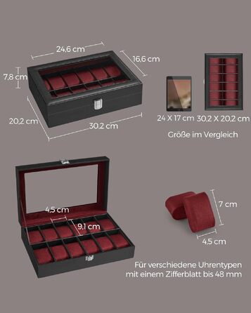 Бокс для годинників SONGMICS на 12 відділень зі скляною кришкою, знімними подушками та оксамитовою підкладкою, PU-шкіра, чорний/винно-червоний JWB120R01