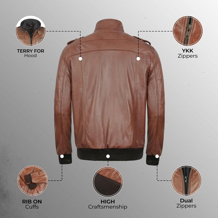 Чоловіча шкіряна куртка Leatherick Premium з натурального ягнячого хутра, з відстібним капюшоном та 7 кишенями, коричнева, розмір XXL