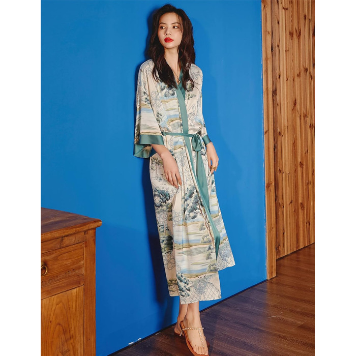 Жіночий халат з довгим рукавом з шовку, сатин, кімоно, квітковий принт, універсальний розмір