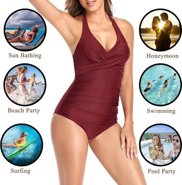 Одноцільний купальник Daen Bauchweg для схуднення з V-подібним вирізом, знімними вкладами для контролю живота, спортивний купальник з відкритою спиною (L, Бордовий)
