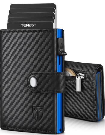 Чоловічий шкіряний гаманець TENBST з RFID-захистом, монетницею та відділенням для 8-10 карток, Slim Wallet (Чорний та Помаранчевий/Синій)