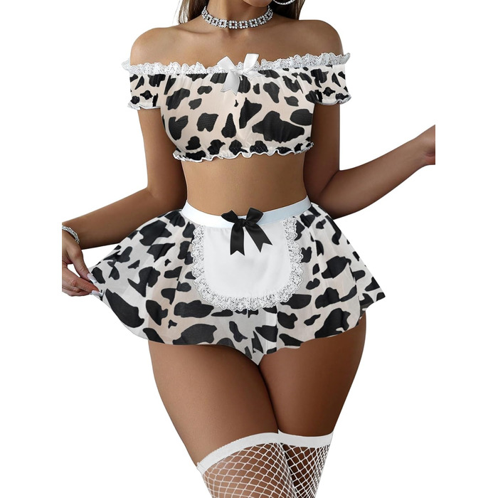 Комплект сексуальної білизни Foxiny: міні-спідниця, мереживо, сітка, танга, 4 шт., принт 