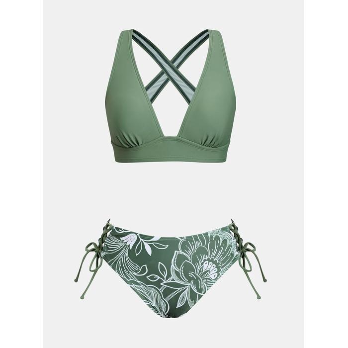 CUPSHE БІКІНІ Daen: Комплект з V-подібним вирізом, шнурівка, низька талія, двокомпонентний купальник, оливково-зелений/блакитний (XS, квітковий Eukalyptusgrün/Weiß)