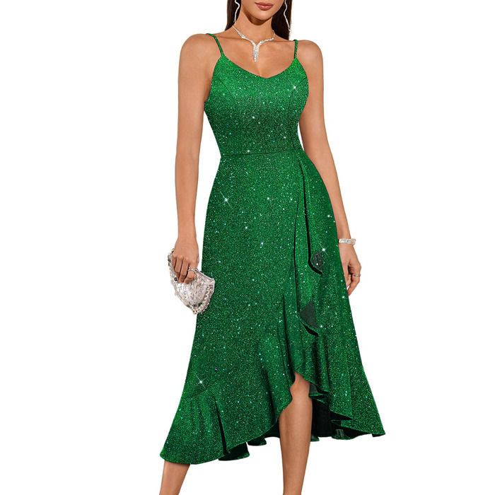 Сукня коктейльна DRESSTELLS для вечірки, весілля, святкування. Зелена сукня на тонких бретелях, довжина до колін, з блискітками, розмір M