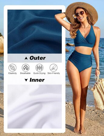 Бікіні CMTOP для жінок: комплект з V-подібним вирізом, push-up, двочастинний, висока талія, ефект живота, для плавання та відпочинку, колір павлиній блакить, розмір S