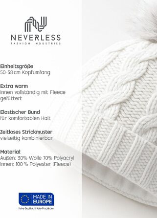 Жіноча зимова в'язана шапка Neverless з флісовою підкладкою та помпоном із штучного хутра, модель 2207, колір Caren Weiss (універсальний розмір)