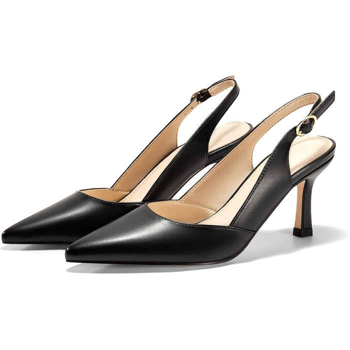 Жіночі туфлі-човники Coutgo з відкритим задником (Slingback), гострий носок, низький підбор Kitten Heel, чорні, розмір 38 EU
