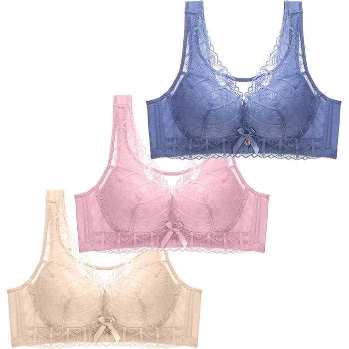 3 шт. Комплект класичних мереживних бюстгальтерів CSKJ для спорту, повсякденного носіння та йоги. Push-up, без кісточок, м'який, безшовний, 95C