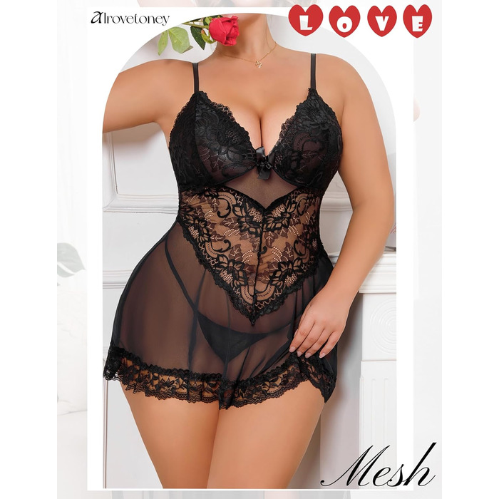 Чорна нічна сорочка Babydoll з мереживом Alrovetoney для жінок plus size (XXL)