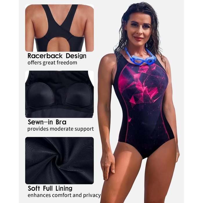 Чармо: Спортивний купальник для жінок. Одноцільний купальник з широкими лямками. Чорний/червоний колір.