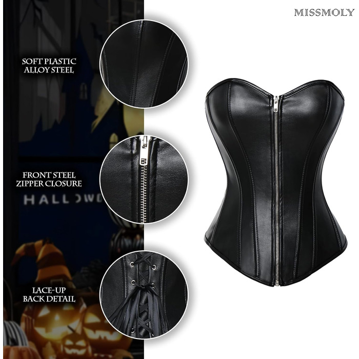 Корсет MISS MOLY з G-String, XL, чорний: вінтажний дизайн, штучна шкіра, на блискавку