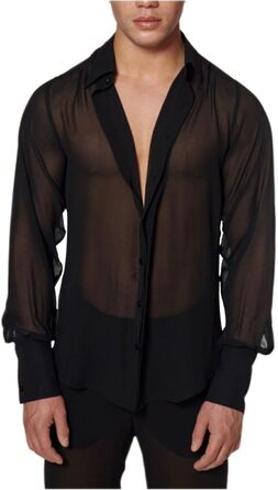 Чоловіча прозора сорочка Detten: мереживна футболка з довгим рукавом, сексуальна клубна сорочка, розмір 3XL, чорний колір