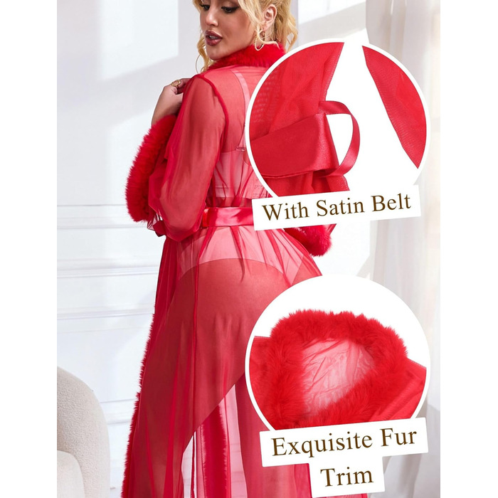Халат Ohyeahlady з пір'я: сексуальний кімоно для жінок, довгий, прозорий, з мереживом, червоний (XL-XXL)
