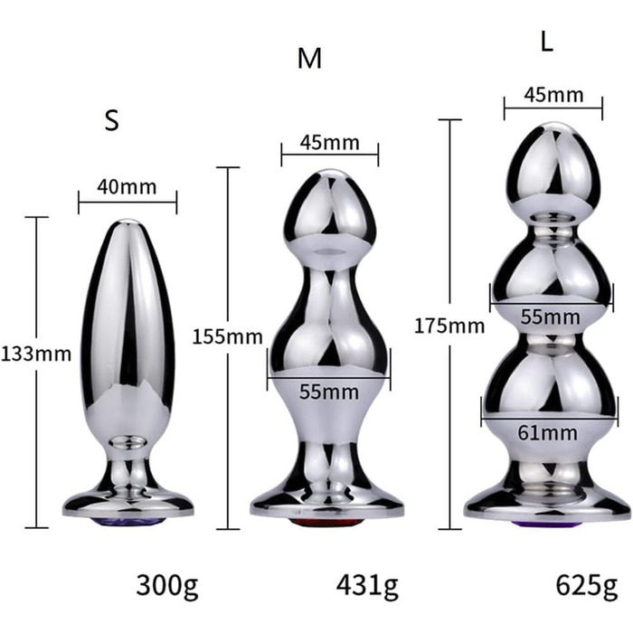 Металевий анальний плагін Tplkxurib 3 розміри: анальний стимулятор, дildo з нержавіючої сталі з діамантовою основою, масажер простати, анальний дилататор для чоловіків та жінок, сріблястий, L