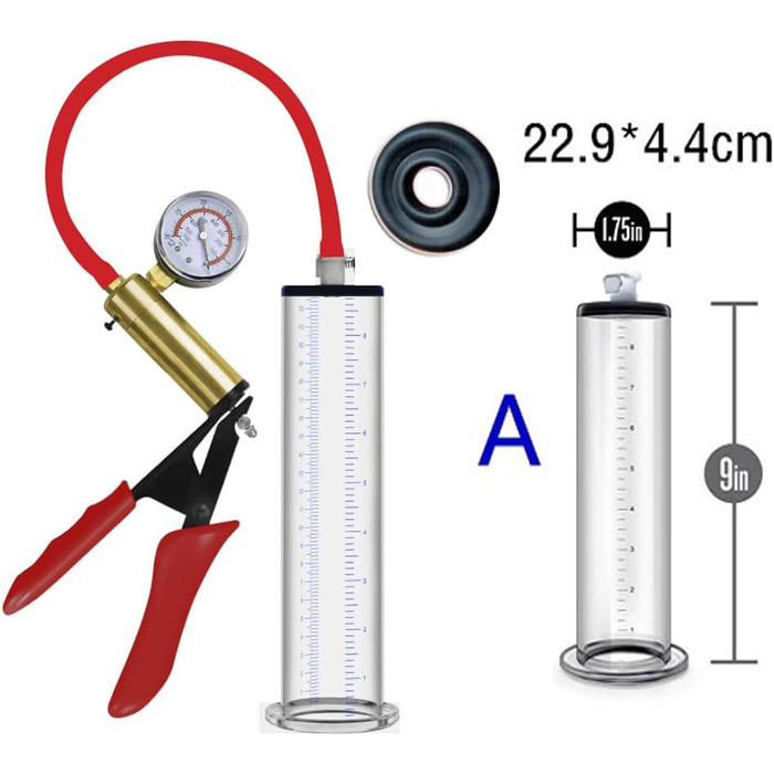 Вакуумний насос для збільшення статевого члена з металевими ручками та манометром, прозорий, для чоловіків, з масштабом, для ерекції, сексуальна іграшка, A-22,9 * 4,4 см